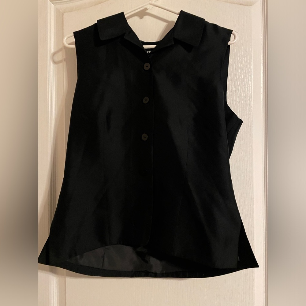 Josephine Chaus Silk Black Button Sleeveless Top 12 Tapered Vest Business Preppy